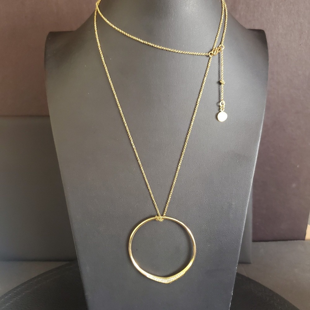 Michael Kors Long Hoop Necklace‎ Gold Tone with Clear Crystals Signed